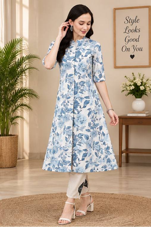 Women's Cotton Printed Floral Print Kurti (White, Blue, Cotton)
