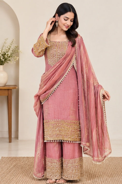 Women's Silk Embroidered 3/4th Sleeve Round Kurti With Sharara Pant and Dupatta Set (Pink)