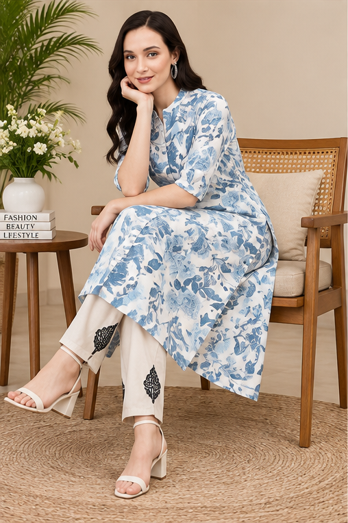 Women's Cotton Printed Floral Print Kurti (White, Blue, Cotton)