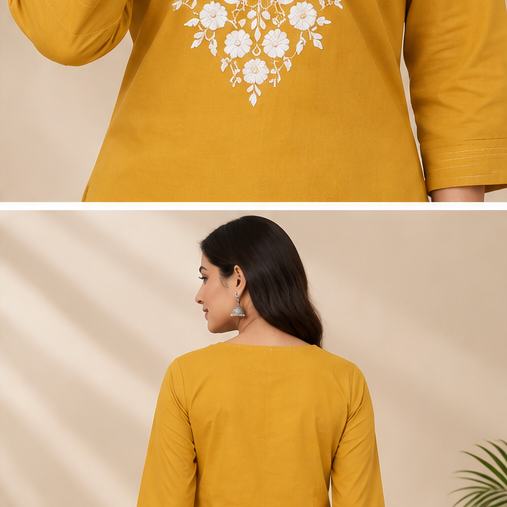 Women’s Mustard Yellow Cotton Embroidered Straight Kurta with Floral Neckline