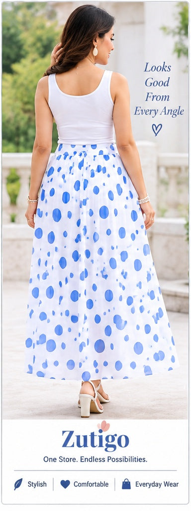 Women’s White & Blue Polka Dot Printed Flared Maxi Skirt
