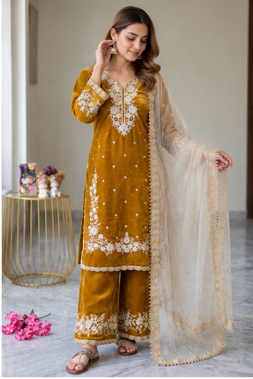 Women's Silk Embroidered 3/4th Sleeve Round Kurti With Palazzo Pant and Dupatta Set (Gold)