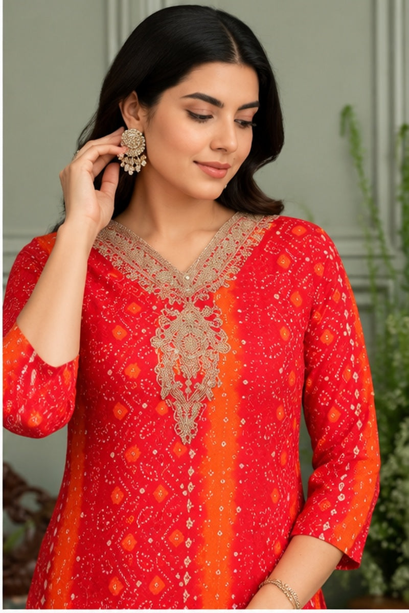 Women’s Red Viscose Rayon Bandhani Printed Kurti with Embroidered Neckline