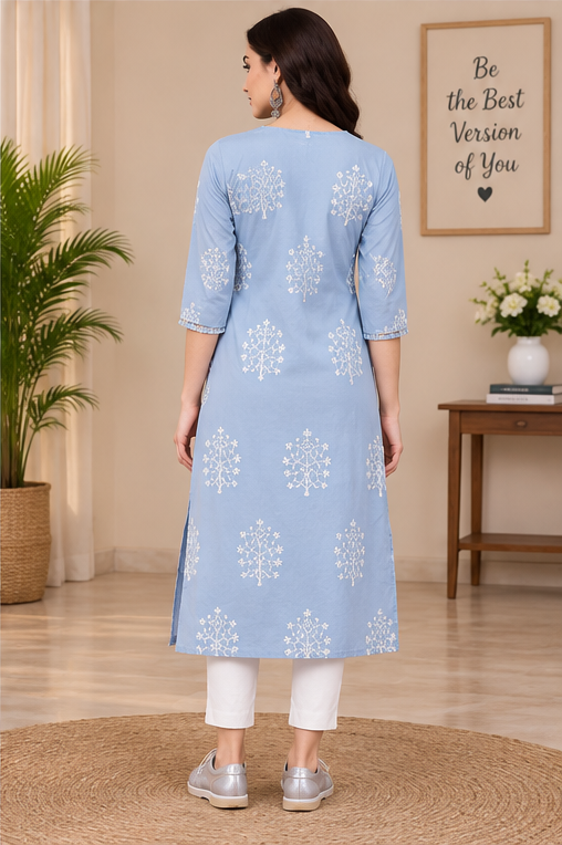 Women's Casual 3/4 th Sleeve Embroidery Cambric Cotton Kurti (Blue)