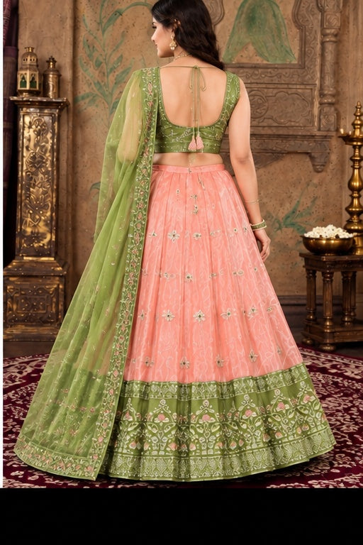 Embroidered Green & Peach Lehenga Choli Set with Dupatta for Women