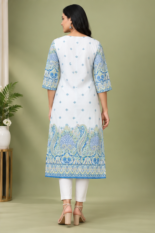 Women’s White & Blue Printed Straight Kurti with Statement Border