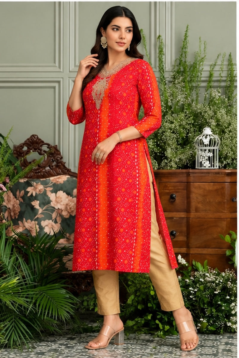 Women’s Red Viscose Rayon Bandhani Printed Kurti with Embroidered Neckline