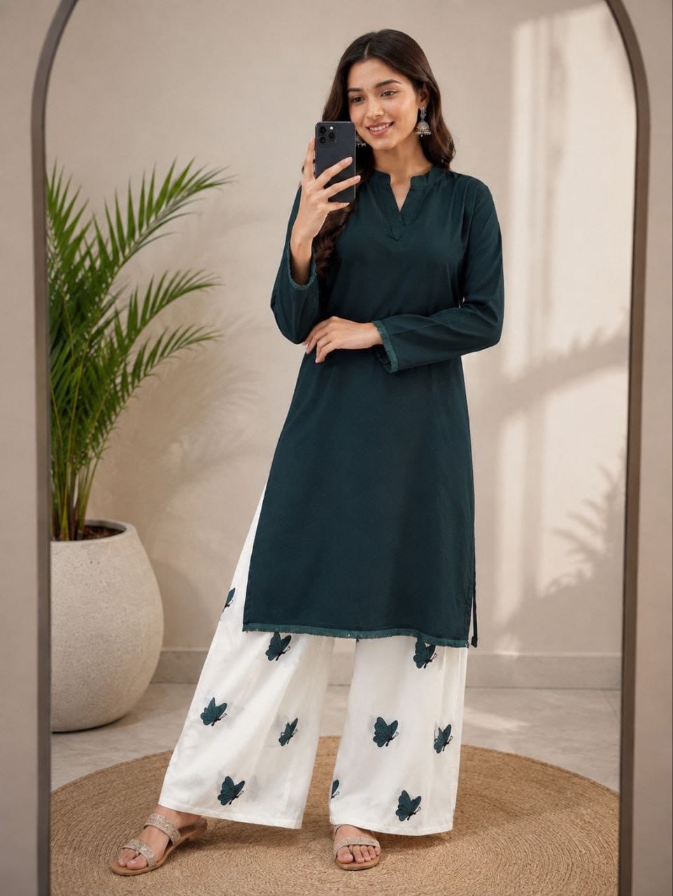 Teal Blue Solid Kurta with White Printed Palazzo Set