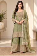 Women's Silk Embroidered 3/4th Sleeve Round Kurti With Sharara Pant and Dupatta Set (Green)