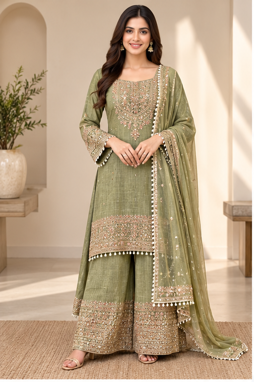 Women's Silk Embroidered 3/4th Sleeve Round Kurti With Sharara Pant and Dupatta Set (Green)
