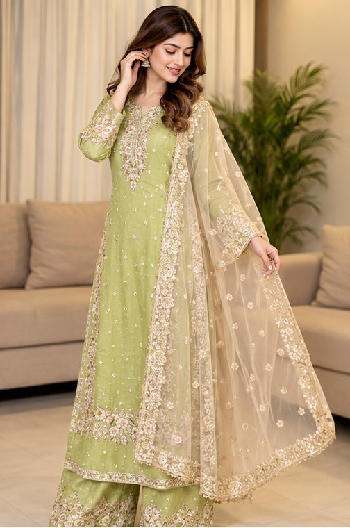 Women's Silk Embroidered 3/4th Sleeve Round Readymade Kurti With Palazzo Pant and Dupatta Set (Pista)