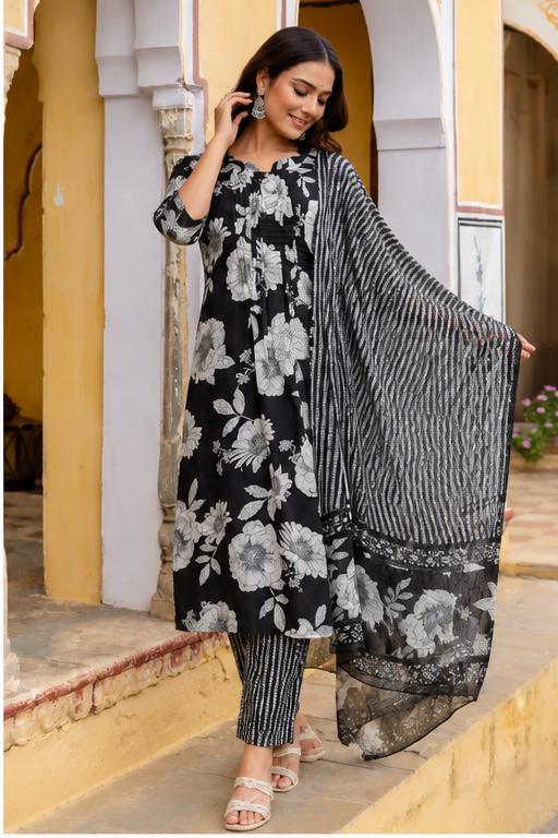 Women’s Black Floral Printed Kurta Set with Striped Dupatta