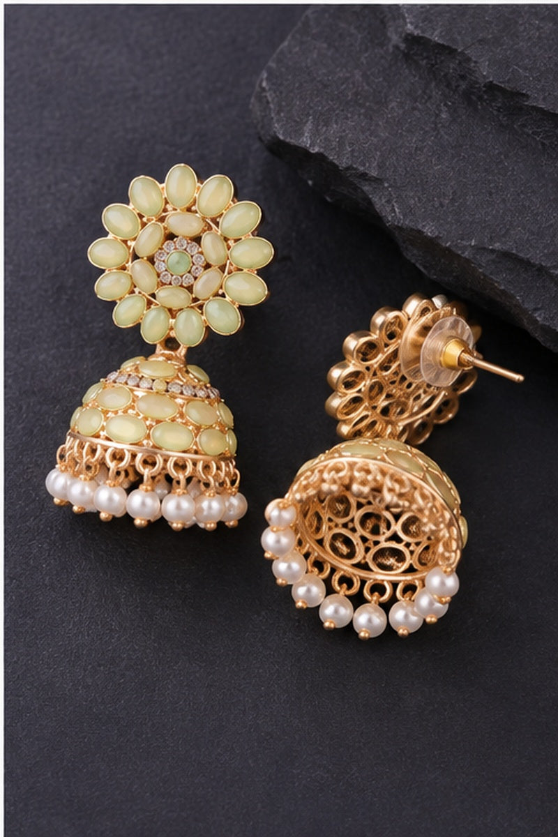 Green Stone Gold-Tone Jhumka Earrings