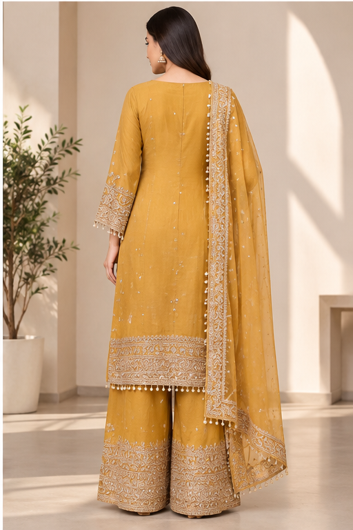 Women's Silk Embroidered 3/4th Sleeve Round Kurti With Sharara Pant and Dupatta Set (Yellow)