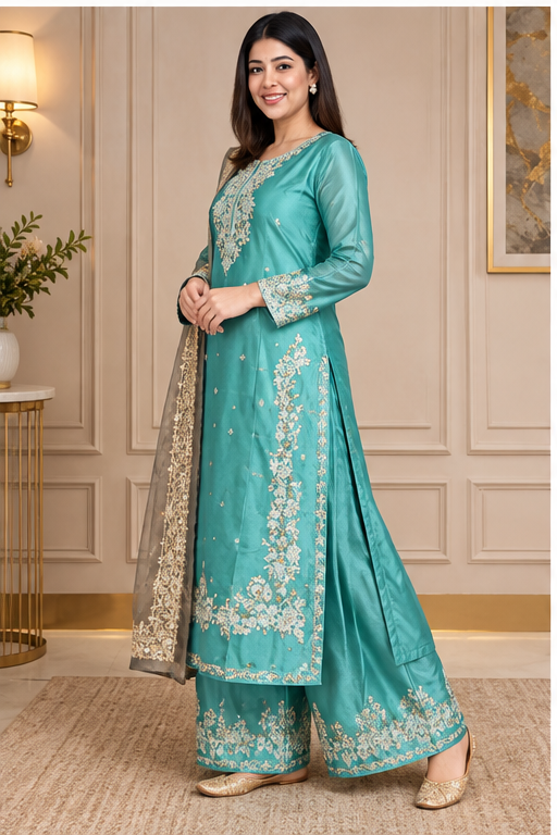 Women's Silk Embroidered 3/4th Sleeve Round Readymade Kurti With Palazzo Pant and Dupatta Set (Sea Green)