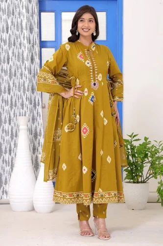 Mustard Yellow Embroidered Printed Kurta Set with Dupatta