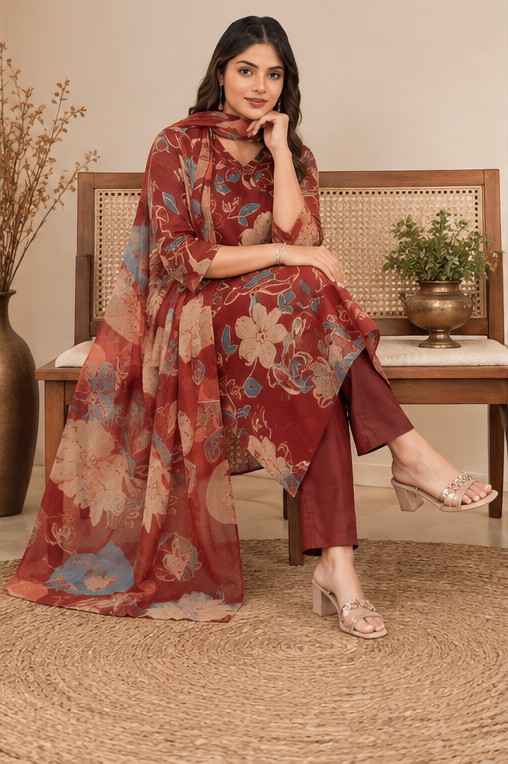 Women's Cotton Blend Printed Kurti With Pant Dupatta Set (Rust)