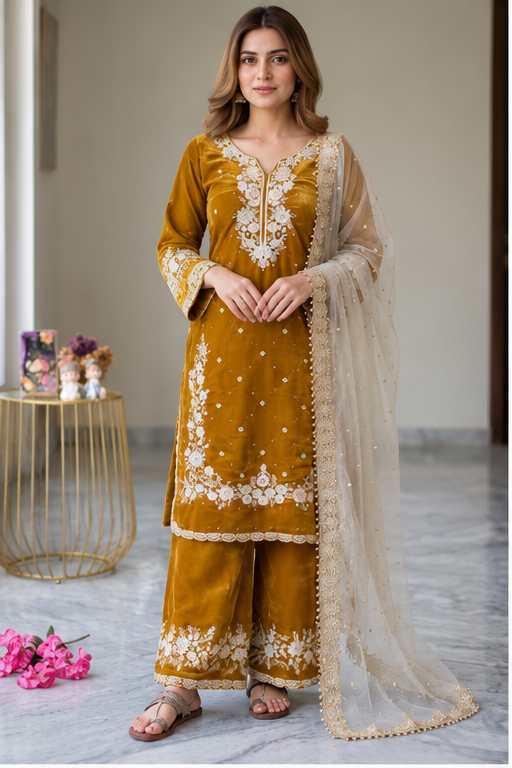 Women's Silk Embroidered 3/4th Sleeve Round Kurti With Palazzo Pant and Dupatta Set (Gold)