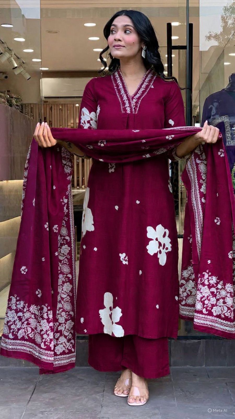 Maroon Floral Printed Embroidered Kurta Set with Dupattah