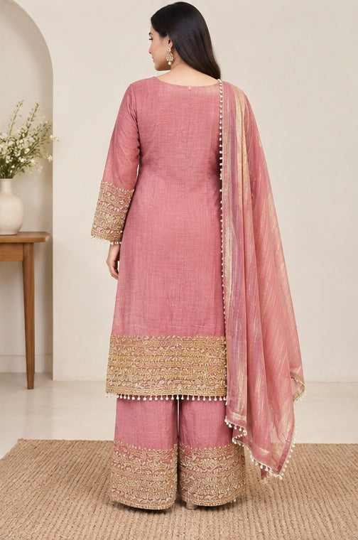 Women's Silk Embroidered 3/4th Sleeve Round Kurti With Sharara Pant and Dupatta Set (Pink)