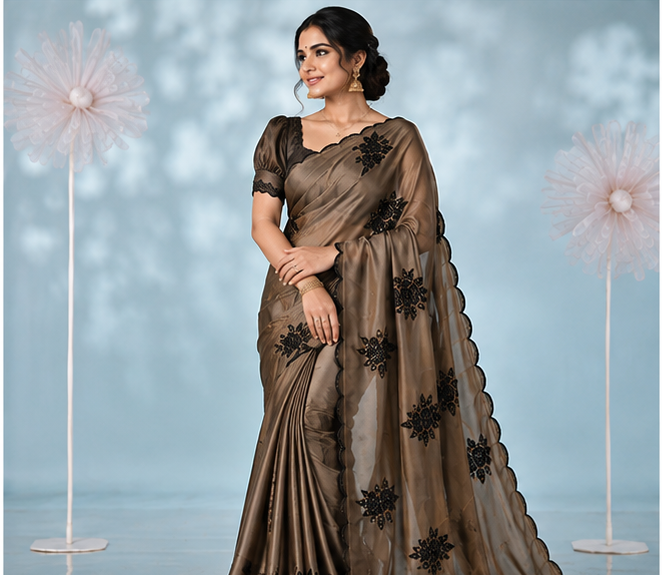 Women's Viscose Silk Embroidered Saree With Unstitched Blouse 5.5Mtr (Beige)