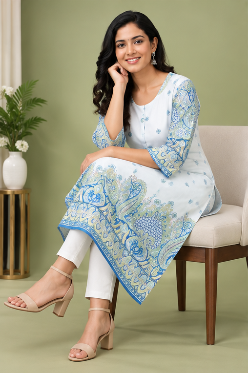 Women’s White & Blue Printed Straight Kurti with Statement Border