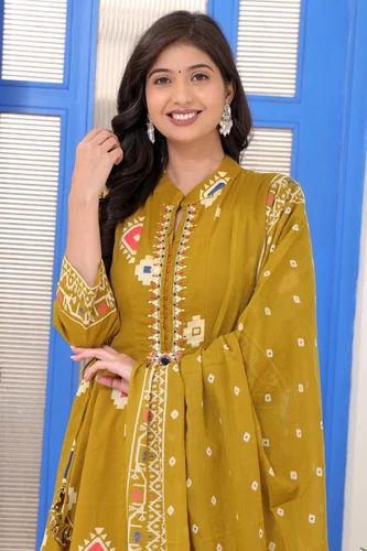 Mustard Yellow Embroidered Printed Kurta Set with Dupatta