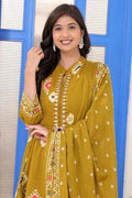 Mustard Yellow Embroidered Printed Kurta Set with Dupatta