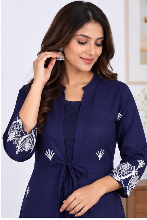 Women’s Navy Blue Cotton Embroidered A-Line Jacket Kurta