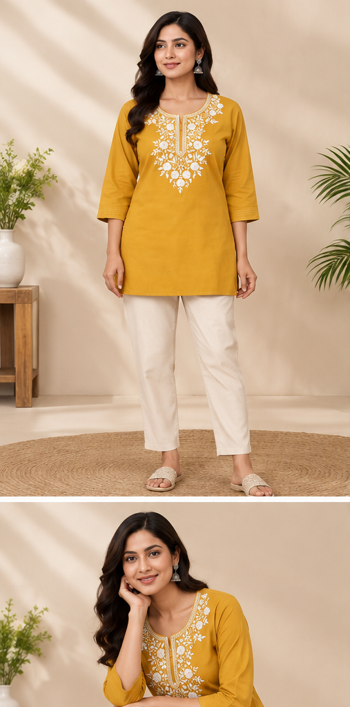 Women’s Mustard Yellow Cotton Embroidered Straight Kurta with Floral Neckline
