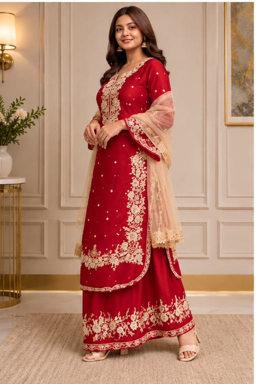 Women's Silk Embroidered 3/4th Sleeve Round Readymade Kurti With Palazzo Pant and Dupatta Set (Red)