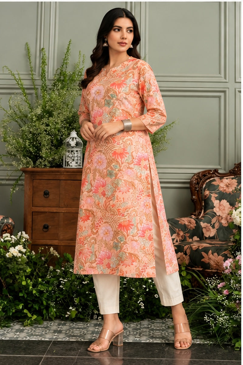 Women’s Peach Rayon Floral Printed Straight Kurti