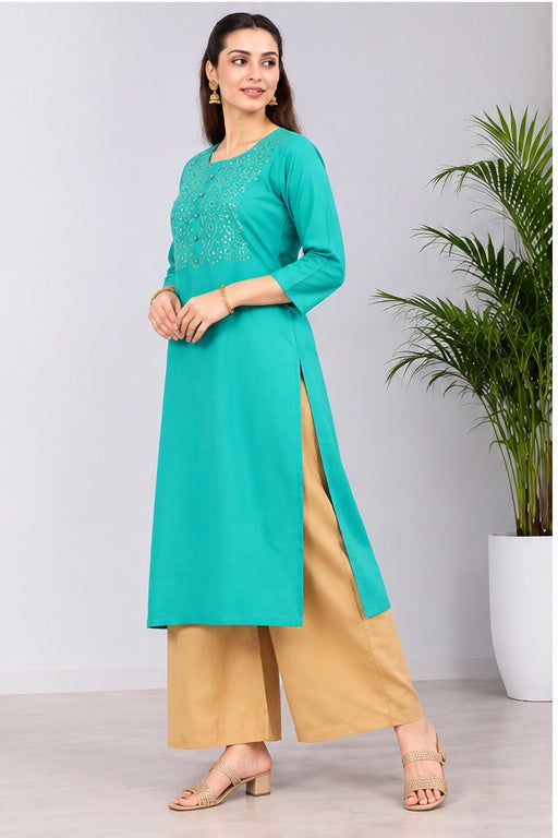 Women’s Cotton Blend Solid Kurta with Printed Yoke – Turquoise Blue