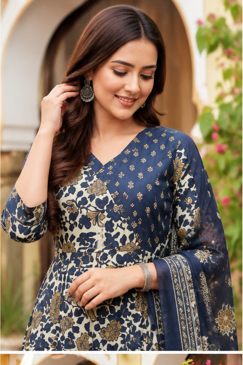 Women’s Cotton Floral Printed Angarkha Kurti with Pant & Dupatta Set
