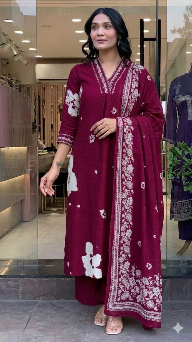 Maroon Floral Printed Embroidered Kurta Set with Dupattah