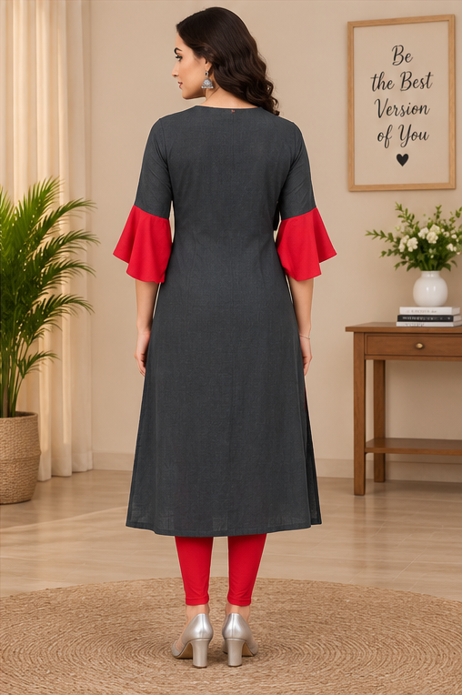Women's Casual Bell Sleeves Mirror Work Cotton Slub Kurti (Grey)