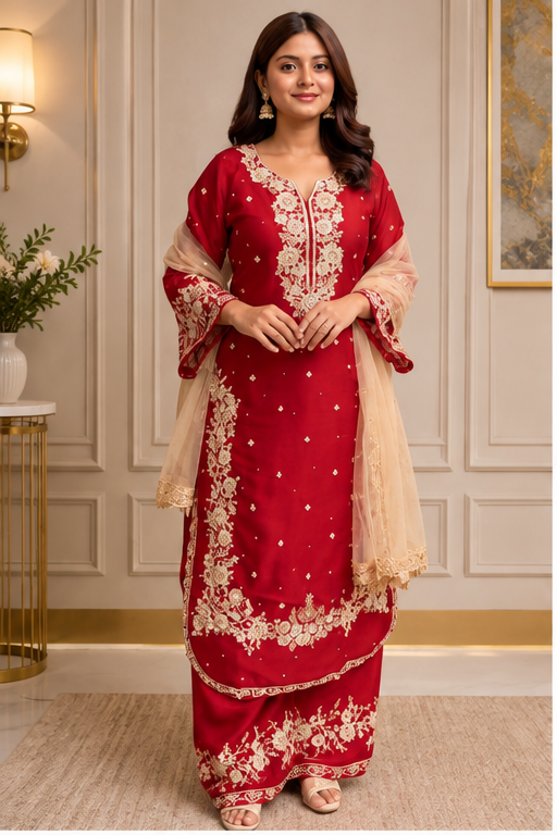 Women's Silk Embroidered 3/4th Sleeve Round Readymade Kurti With Palazzo Pant and Dupatta Set (Red)