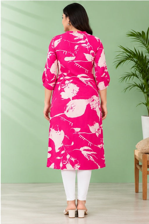 Women’s Rayon Floral Printed Straight Kurti – Pink & White