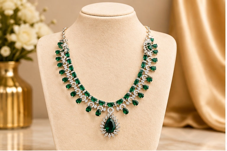 Emerald Green & Silver AD Necklace Set