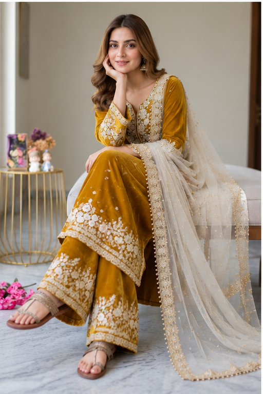 Women's Silk Embroidered 3/4th Sleeve Round Kurti With Palazzo Pant and Dupatta Set (Gold)