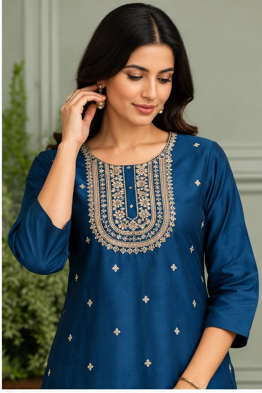 Women’s Navy Blue Art Silk Embroidered Straight Kurti with Golden Detailing