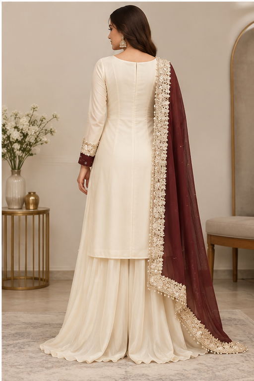 Women's Silk Embroidered 3/4th Sleeve V-Neck Kurti With Sharara Pant and Dupatta Set (Cream &amp; Brown)