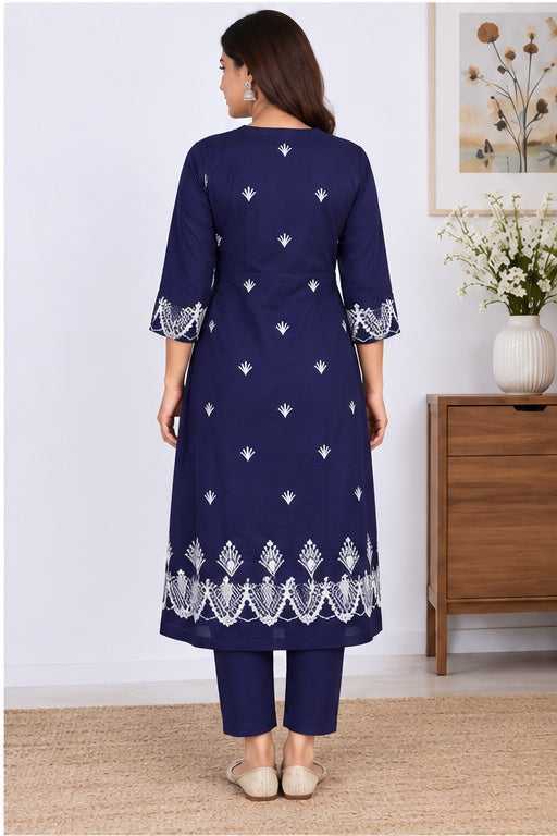 Women’s Navy Blue Cotton Embroidered A-Line Jacket Kurta