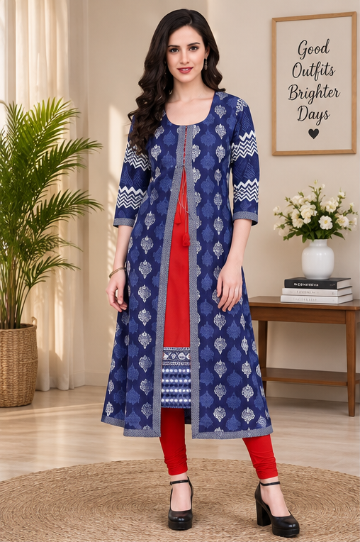 Women's Cotton Printed Long Kurti (Blue, Red, Cotton)