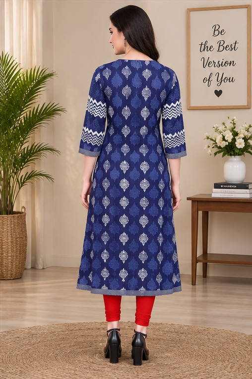 Women's Cotton Printed Long Kurti (Blue, Red, Cotton)
