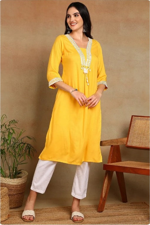 Women’s Mustard Yellow Rayon Solid Embroidered Kurti with Decorative Neckline