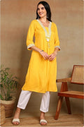 Women’s Mustard Yellow Rayon Solid Embroidered Kurti with Decorative Neckline