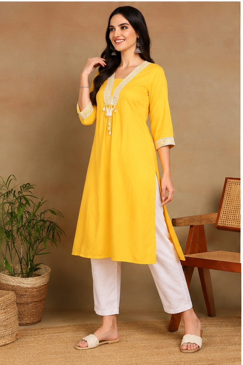 Women’s Mustard Yellow Rayon Solid Embroidered Kurti with Decorative Neckline