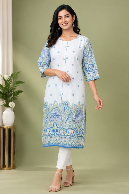 Women’s White & Blue Printed Straight Kurti with Statement Border