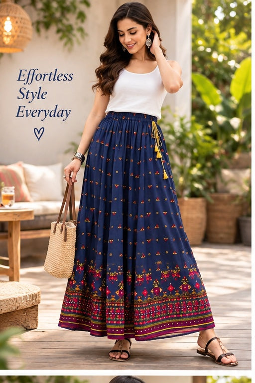 Women’s Navy Blue Printed Flared Maxi Skirt with Decorative Border